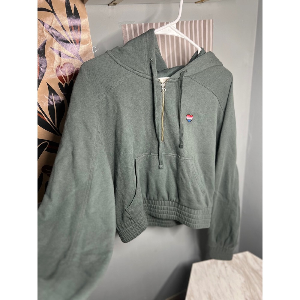 Spiritual Gangster Heart Moonlight Half Zip Hoodie Olive Green Cropped XS NEW